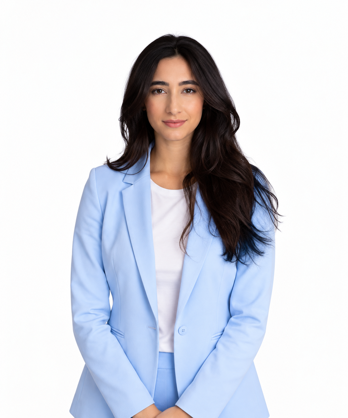 Bianca Pietersz wearing a light blue suit